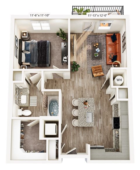 Floor plan for 1 bed, 1 bath, 714 sqft